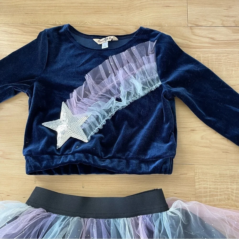 Girls Tulle Skirt Set Two Piece Velvet Star Rainbow Long sleeve Tutu Dress Sz 4